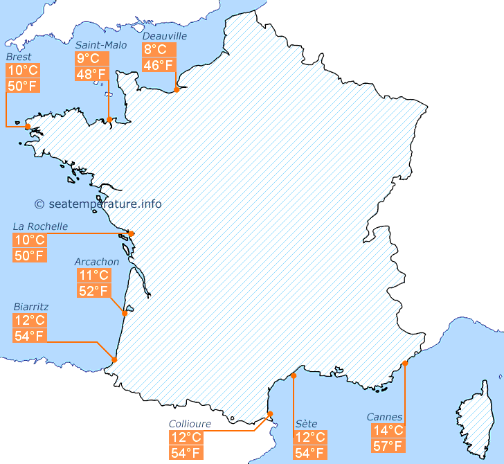 Карта температури води у Франції у березні