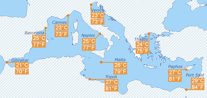 Карта температури води Середземного моря у вересні